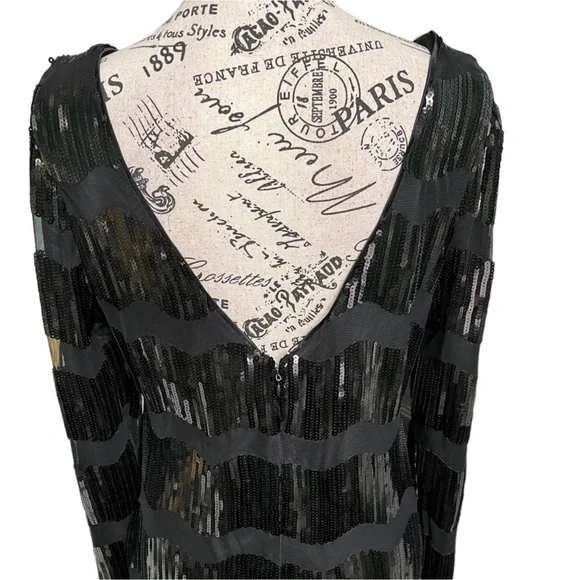 Anthro NANETTE LEPORE Black Wavy Sequin Striped Long Sleeve Dress - Picture 12 of 16